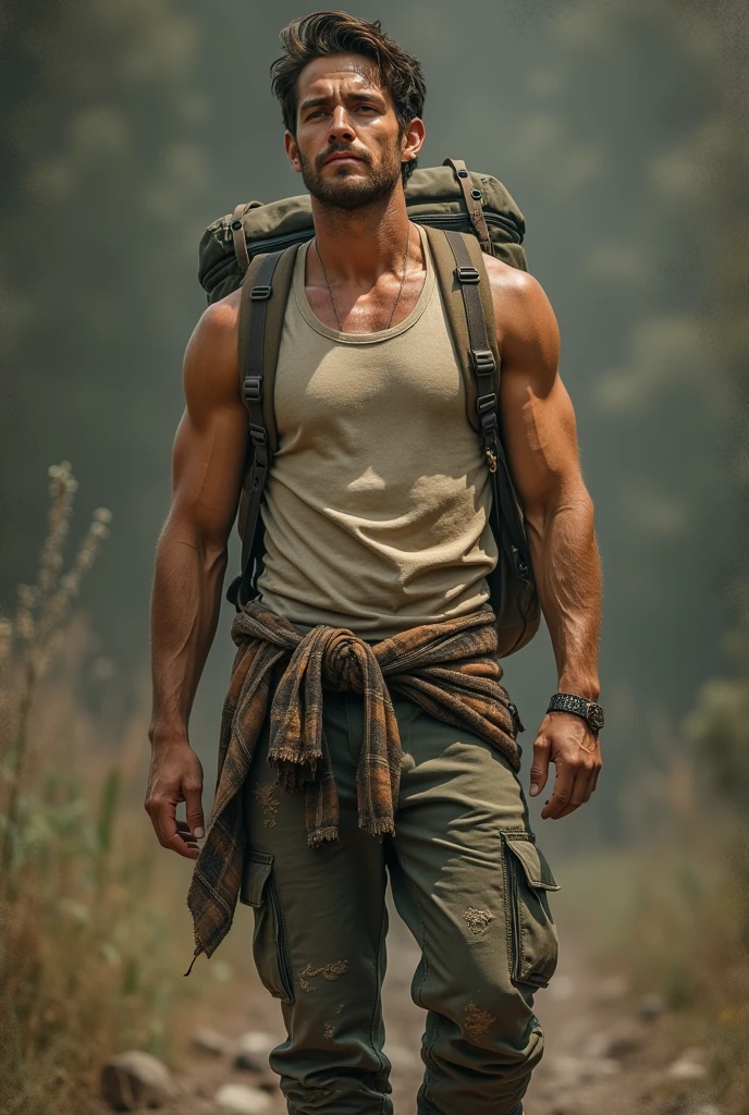 Miles Teller wearing a worn cargo pants, scuffed boots, a faded tank top and a flannel shirt tied around the waist, backpack (less muscular)