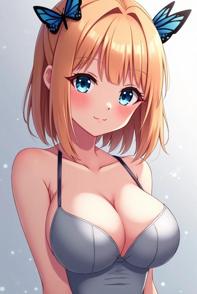 Beautiful cold-looking girl with shoulder-length straight hair that has square bangs hanging over her eyebrows. she has light-orange hair color. Her notable accessories are twin butterfly-shaped ribbons on both sides of her head. she has dark blue eyes, an average height, a well-endowed figure and large breasts. Anime