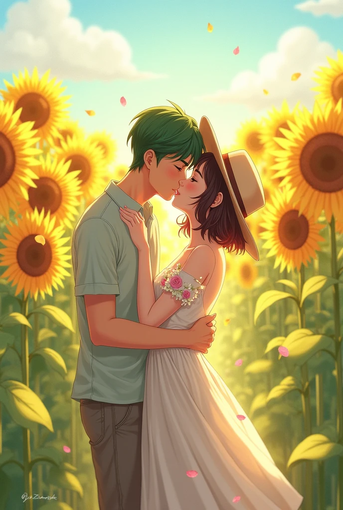 A couple that kisses anime style, the girl has short brown hair to her shoulders and wears a white dress with flowers and pink petals and a hat while she is hugged by the boy who gives her the kiss reciprocating and the man with short green hair in comfortable clothes and the field is full of sunflowers. Now the same sunflower field but not with the kids anymore