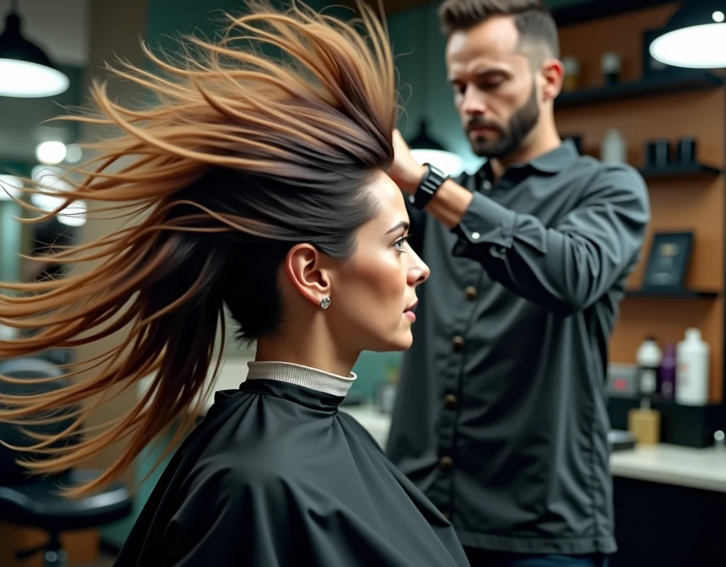 Image of flying hair and blur of barber cutting client's hair in the background. Full HD image.