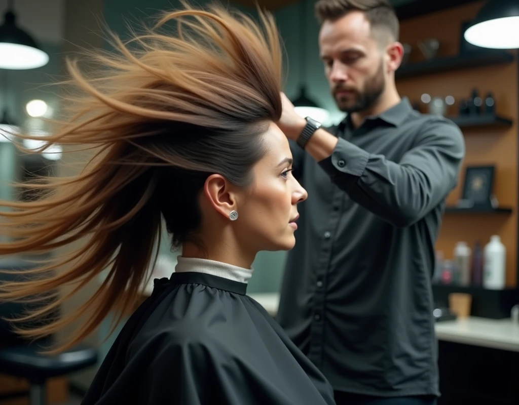 Image of flying hair and blur of barber cutting client's hair in the background. Full HD image.
