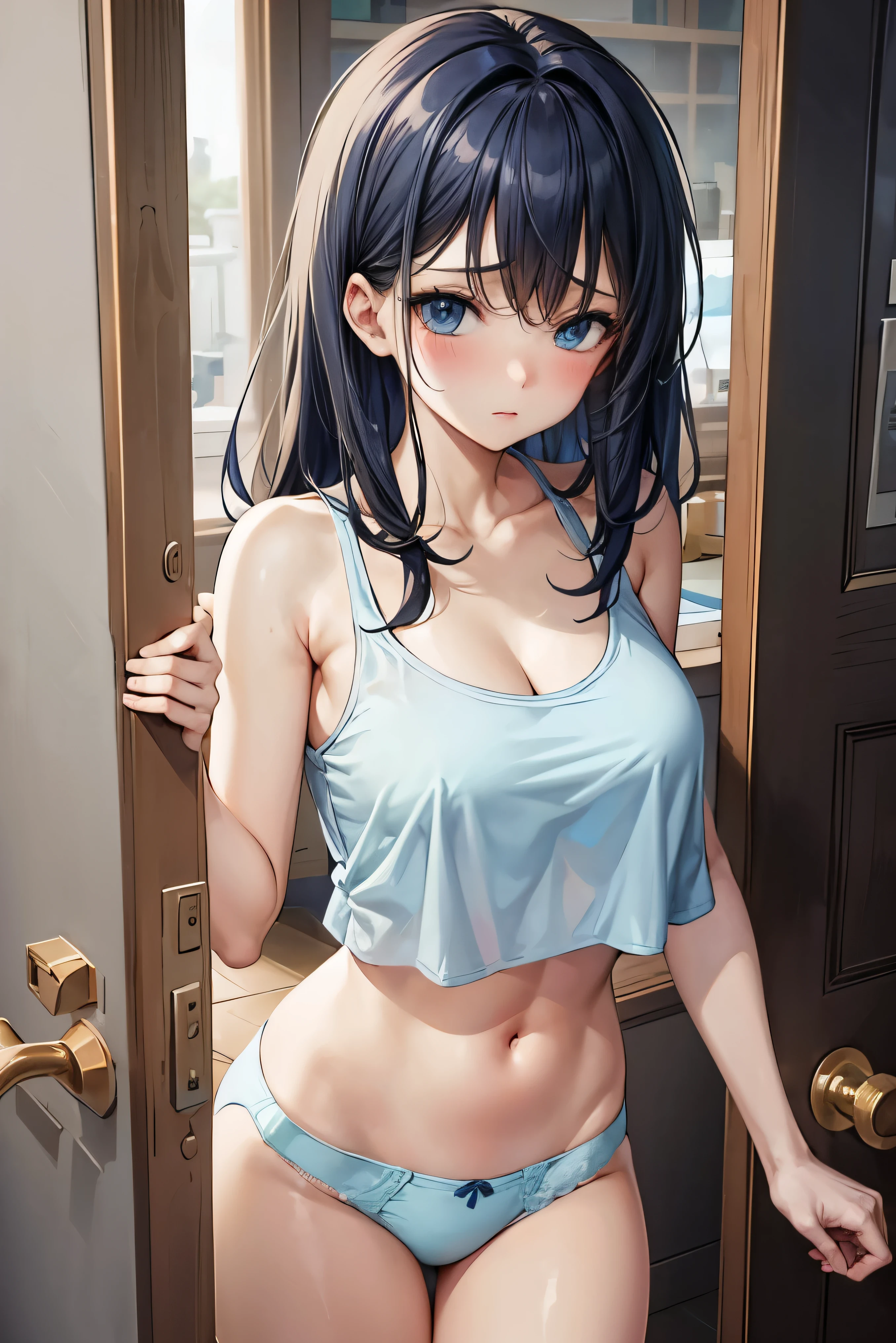 Sexy Girls, Sleepy look, Cute light blue panties, Crop tank top, Messy Hair, Open door, doorway, Rubbing eyes