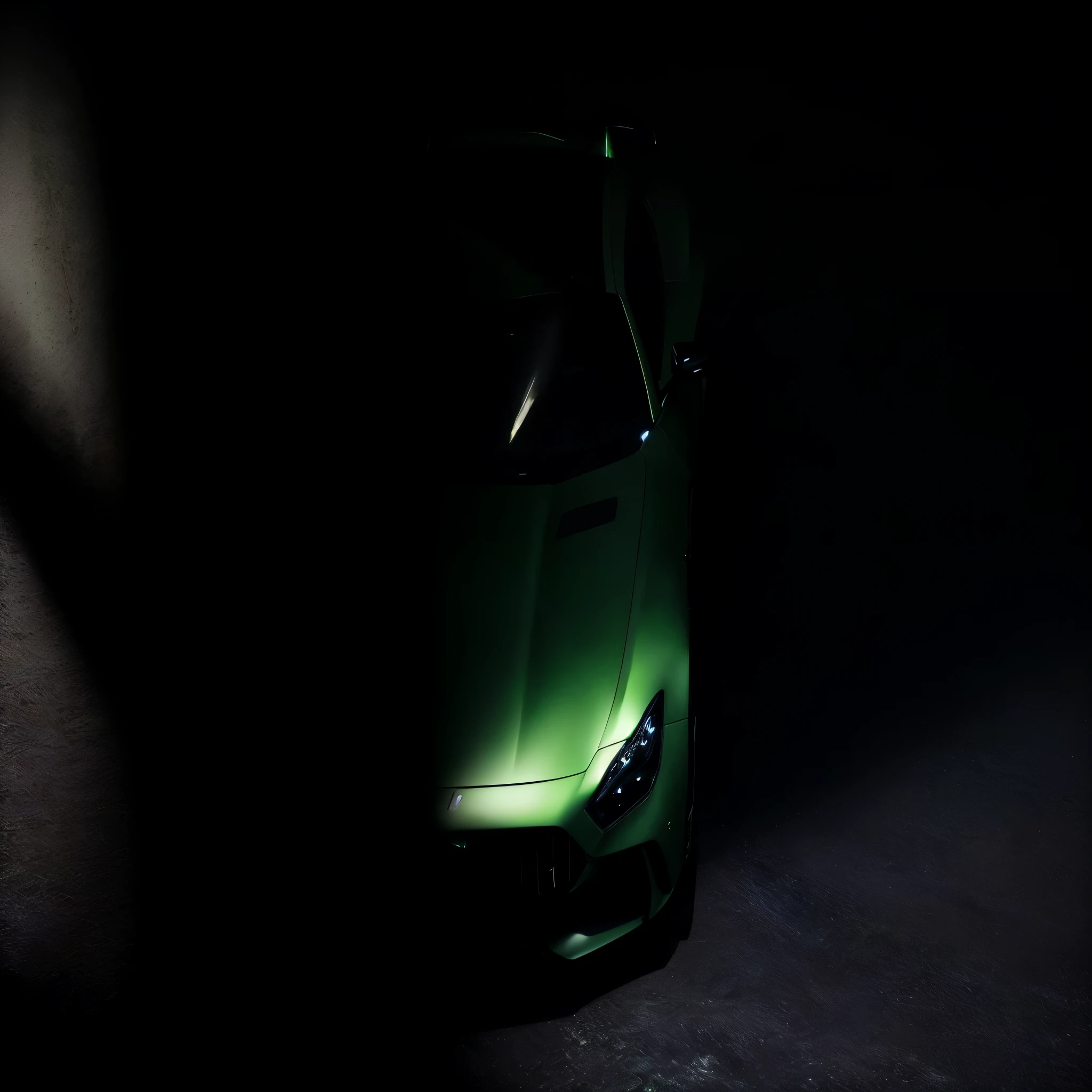 close up of green car in dark room, dramatic green lighting, with a glow on some of its parts, Green glows, glowing green, cinematic frontal shot, soft green lighting, Green glow, pale Green glow, glowing in the dark, бледно-Green glow с подсветкой, front lighting, with dramatic lighting, top down shot, concept, bright backlight, green neon