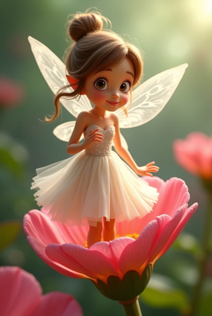 Image with the magic of Pixar, Tinkerbell&#39;s Friend Rosette, a white fairy with loose brown hair and dark brown eyes , dress made of a pink flower and transparent wings 