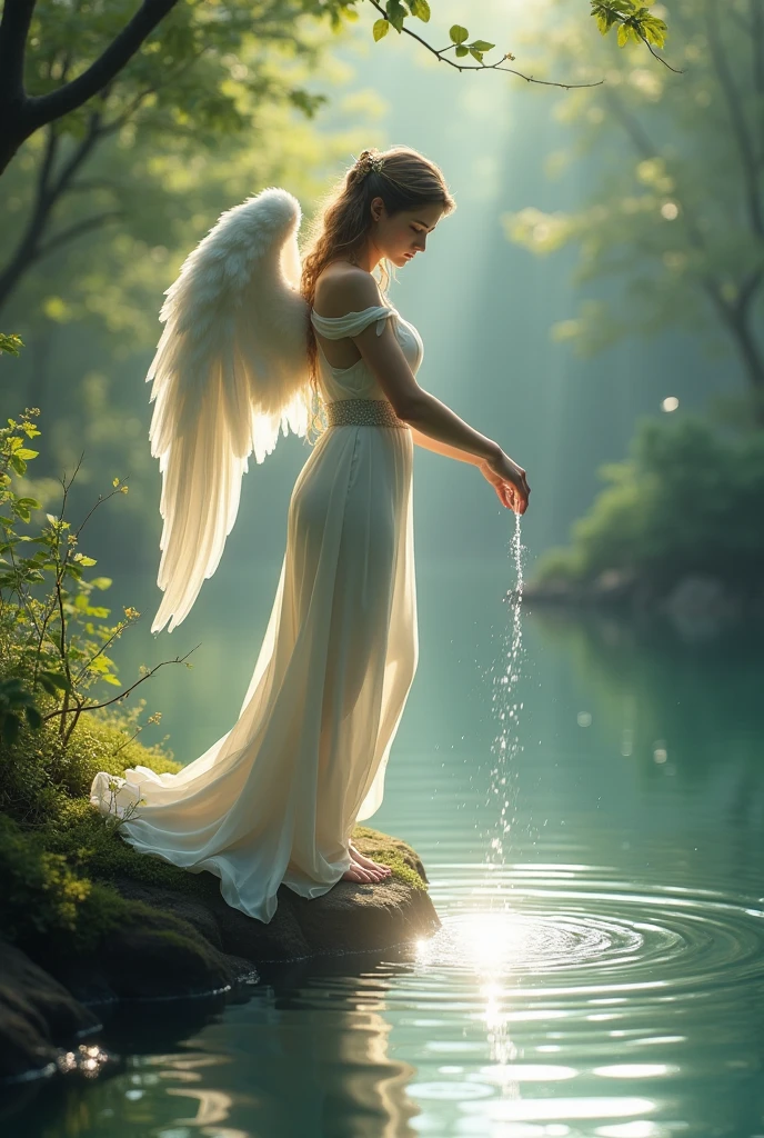Imagining an angel washing their hands in a serene pond evokes a sense of tranquility and purity. The angel’s delicate touch contrasts with the stillness of the water, creating a moment of peaceful reflection. The gentle ripples in the pond might reflect both the angel’s grace and the natural beauty of the surroundings.