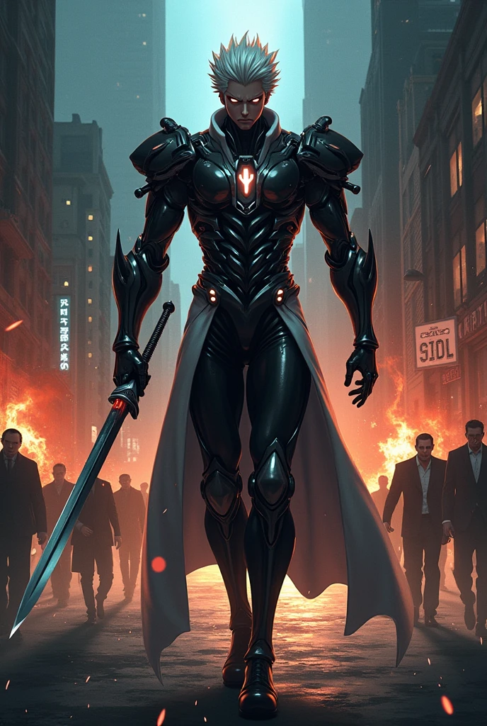 Evil Aizen with terminator suit with bankai with bleach hair destroying Soul Society's people during night