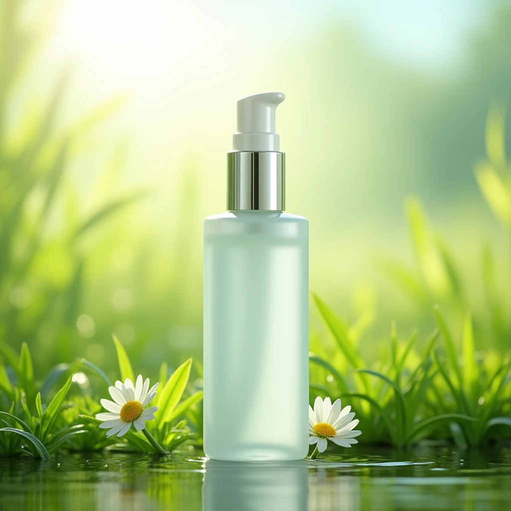 Natural background, beautiful weather, whitening 30 ml serum bottle in front.
