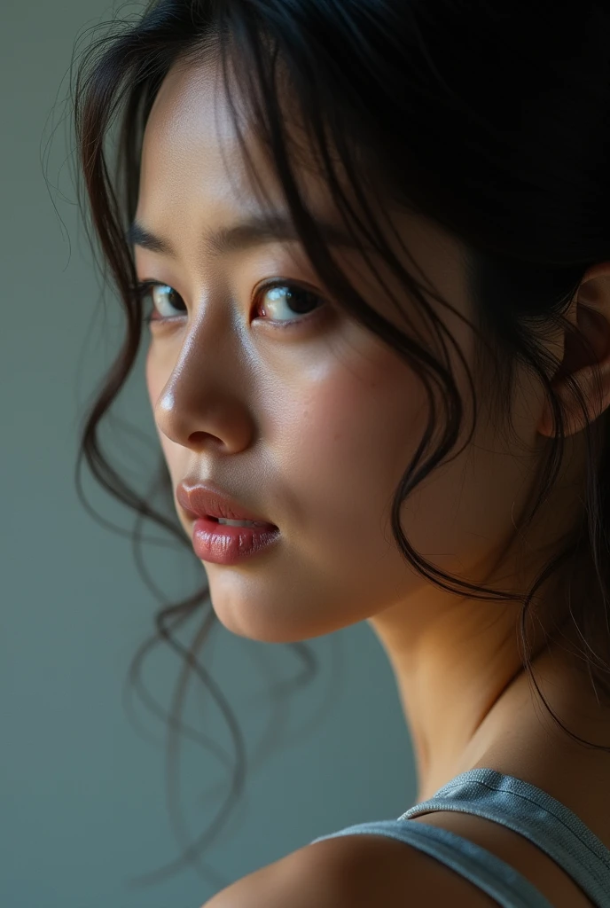 (close up face:1.3)(from side:1.5)(look back:1.5)