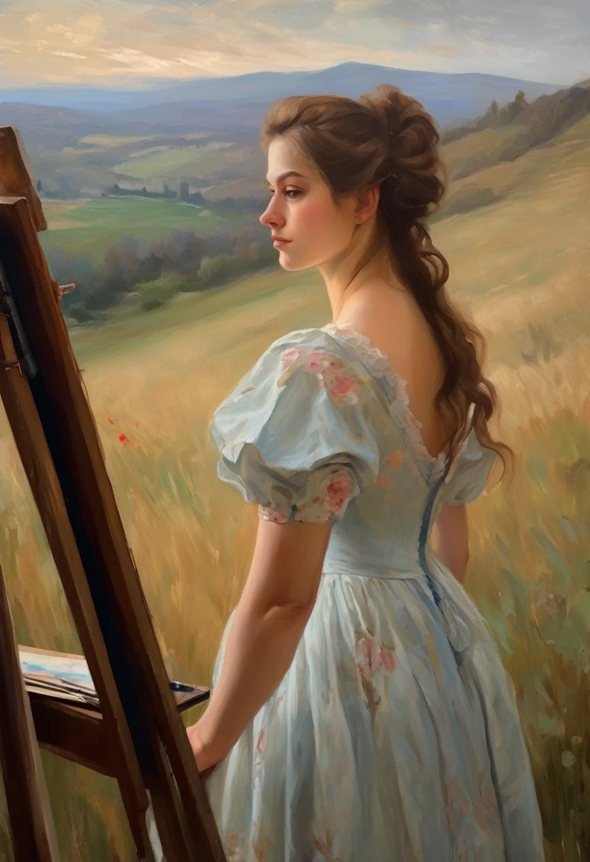Painting of a beautiful young woman, with soft features, delicate dress, standing, in front of a painting easel, on top of a small hill, contemplating the wide and beautiful valley before him, soft and gentle lighting, oil painting style, classical painting, Rococo style.