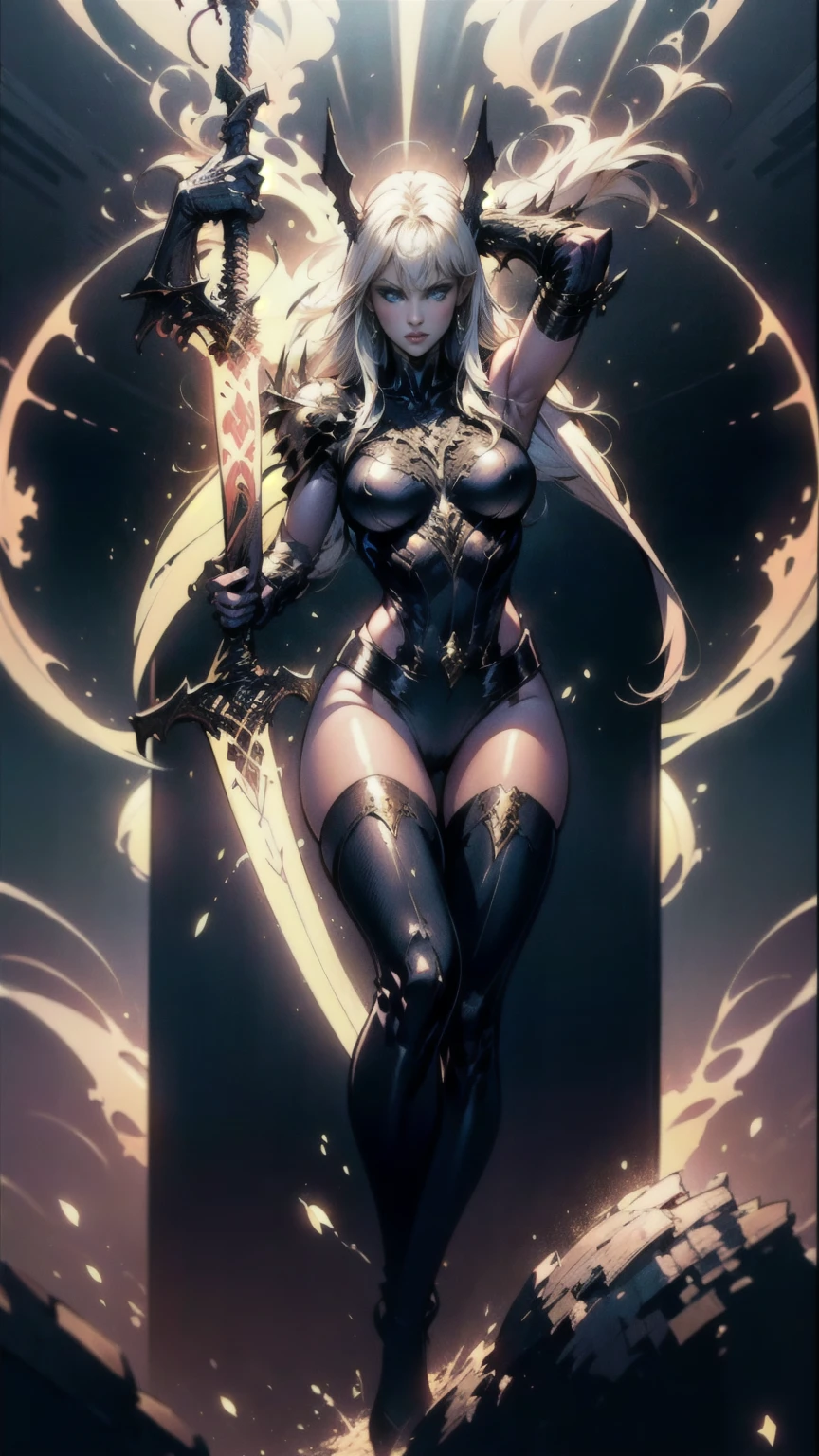 (full body portrait), Magik of X-men, Illyana Rasputin with long white hair, piercing blue eyes, wearing a low cut unitard with high cut legs, tight thigh high boots, holding a glowing magical sword, jumping with sword raised back behind head, huge overhead swing of sword, floating in a mystical realm with swirling energy, (best quality,8k,highres,masterpiece:1.2),ultra-detailed,realistic,photorealistic,photo-realistic:1.37,concept art,dark fantasy,digital painting, dramatic lighting, cinematic, intricate details,ethereal,otherworldly atmosphere, no bra 