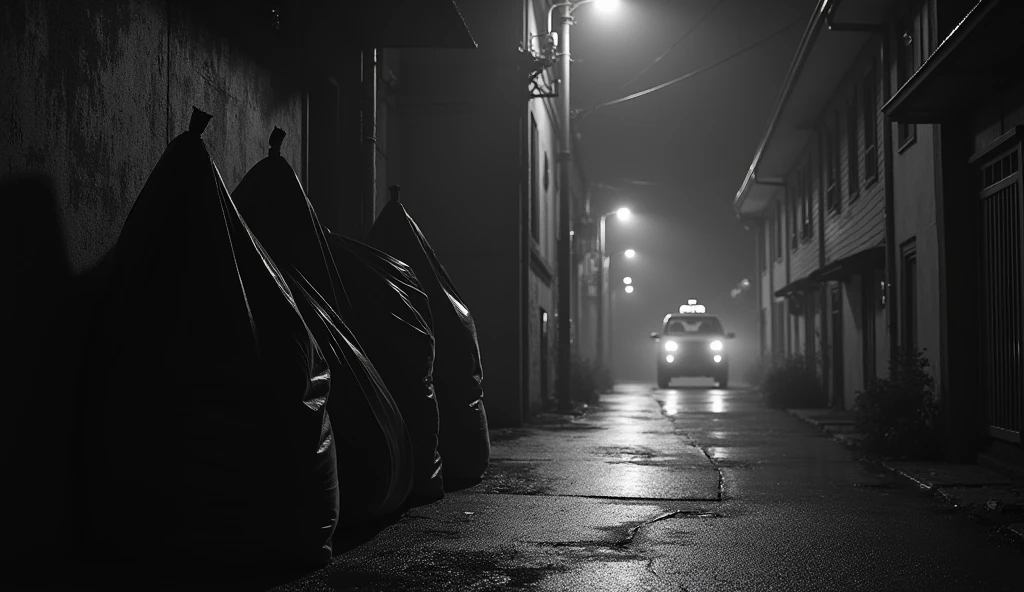 Black and white image, high quality, hyperreal, 3 very dark and malicious ghostly shadows crouching and hiding behind 10 large black bags full of garbage, leaning against the wall of a house, at the entrance to a long, unlit alley at night, where a taxi is entering. Very scary image. 