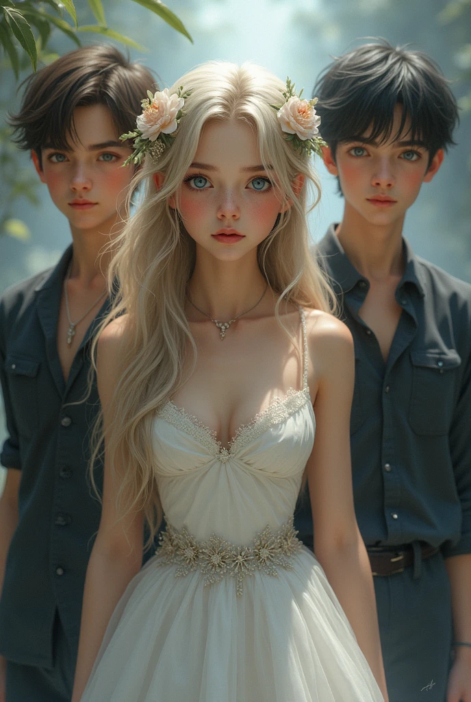 A girl with light hair and blue eyes dressed as a bride but her face looks somewhat sad, On one side is a boy with brown hair and dark eyes, on the other side is a boy with black hair and gray eyes., Dreamshaper boys looking forward and adults looking sexy as hell