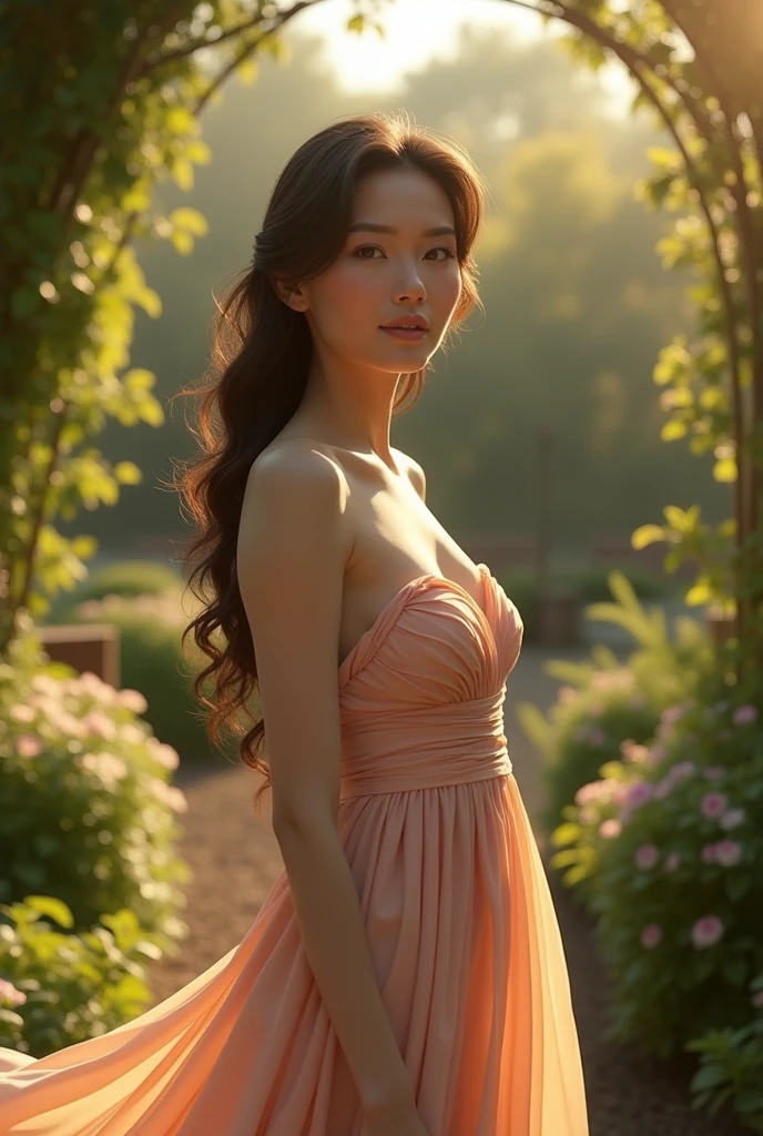 a beautiful woman with large breasts, detailed facial features, realistic skin texture, detailed eyes and lips, elegant expression, long wavy hair, flowing dress, outdoor garden setting, sunlight filtering through trees, warm color palette, cinematic lighting, photorealistic, masterpiece, 8k