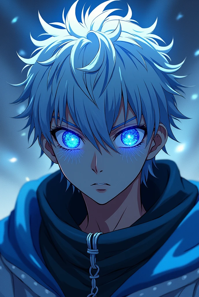 Gojo Satoru, Jiu Jitsu Kaiba, The blue galaxy in his eyes,revealing his deep blue eyes, Looking at the audience, clear back ground Japanese cartoons, Niji Midway, Japanese cartoons, illustration, clear back ground Japanese cartoons, Niji Midway, Japanese cartoons, illustration, Concept Art