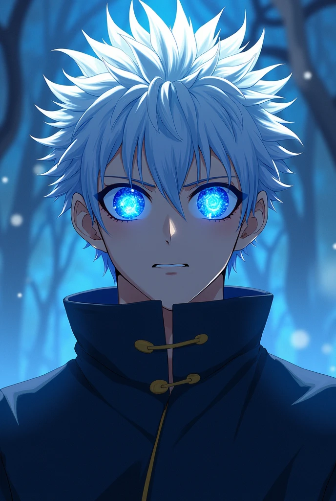 Gojo Satoru, Jiu Jitsu Kaiba, The blue galaxy in his eyes,revealing his deep blue eyes, Looking at the audience, clear back ground Japanese cartoons, Niji Midway, Japanese cartoons, illustration, clear back ground Japanese cartoons, Niji Midway, Japanese cartoons, illustration, Concept Art
