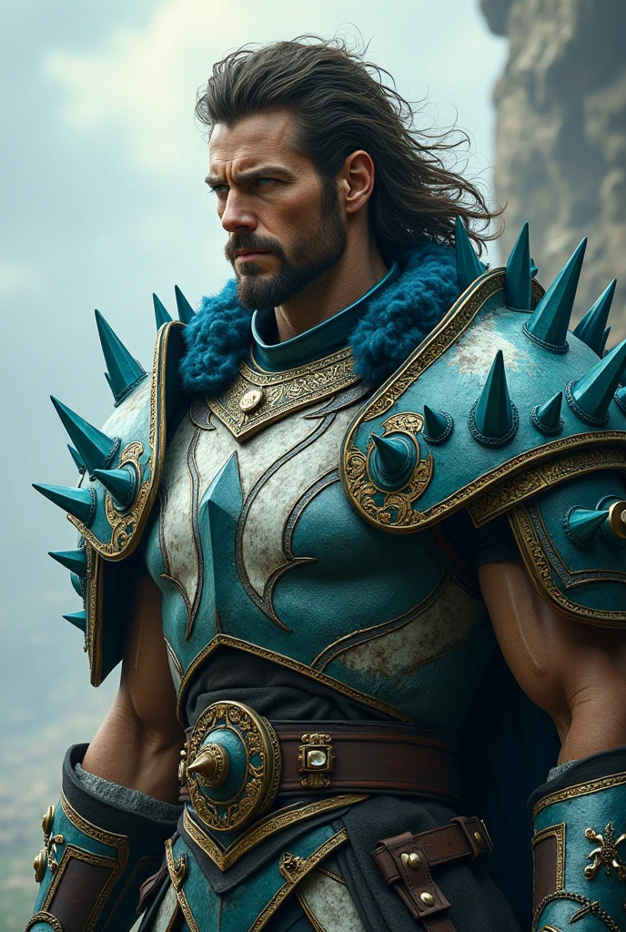 Description: Brune is a man who has 1,85m high, With an athletic and muscular body, a result of years of training and battles. Your eyes are deep green. His facial features are striking, with strong features that convey determination and courage.
Dress style: during your life, Brune wore detailed cyan and white spiked armor., which not only reflected his hero status.