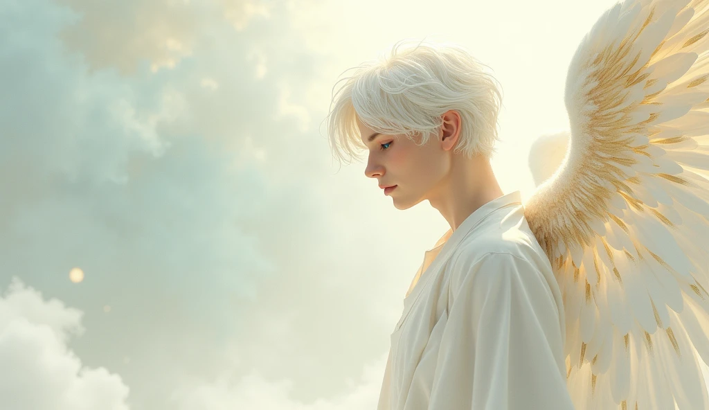 A gentle, white and gold-winged male pale white skinned, white hair, blue eyes angel (simple design) - Soft colors, with a subtle glow - Ethereal background, with a subtle texture I want it as a man,