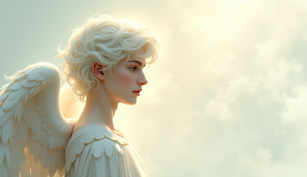 A gentle, white and gold-winged male pale white skinned, white hair, blue eyes angel (simple design) - Soft colors, with a subtle glow - Ethereal background, with a subtle texture I want it as a man,