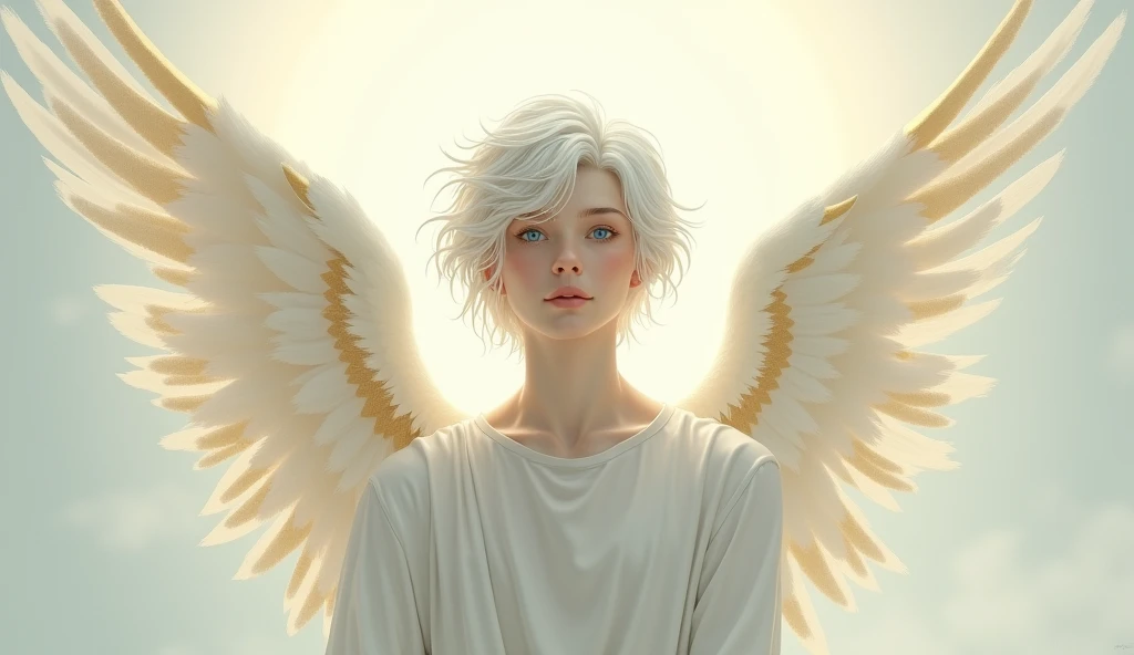 A gentle, white and gold-winged male pale white skinned, white hair, blue eyes angel (simple design) - Soft colors, with a subtle glow - Ethereal background, with a subtle texture I want it as a man,