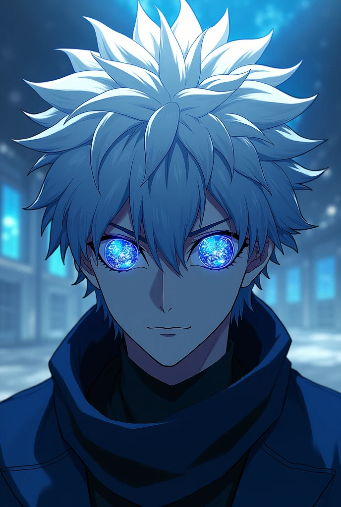 Gojo Satoru, Jiu Jitsu Kaiba, The blue galaxy in his eyes,revealing his deep blue eyes, Looking at the audience, clear back ground Japanese cartoons, Niji Midway, Japanese cartoons, illustration, clear back ground Japanese cartoons, Niji Midway, Japanese cartoons, illustration, Concept Art