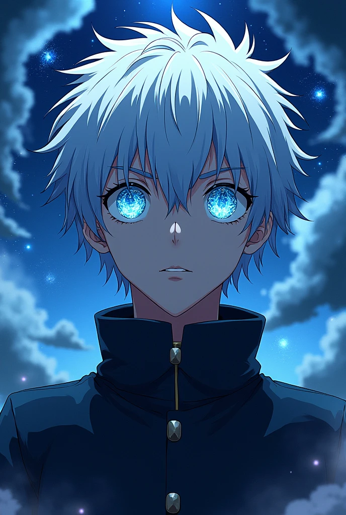Gojo Satoru, Jiu Jitsu Kaiba, The blue galaxy in his eyes,revealing his deep blue eyes, Looking at the audience, clear back ground Japanese cartoons, Niji Midway, Japanese cartoons, illustration, clear back ground Japanese cartoons, Niji Midway, Japanese cartoons, illustration, Concept Art