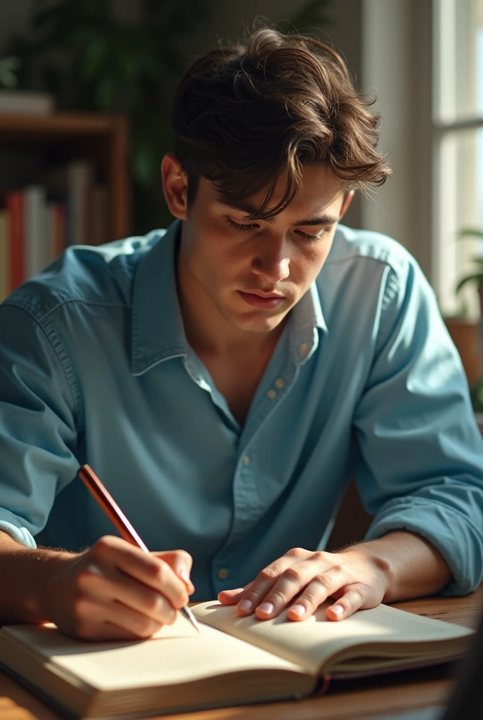 A young man writing in his diary That was high, a little fat and wearing a blue shirt