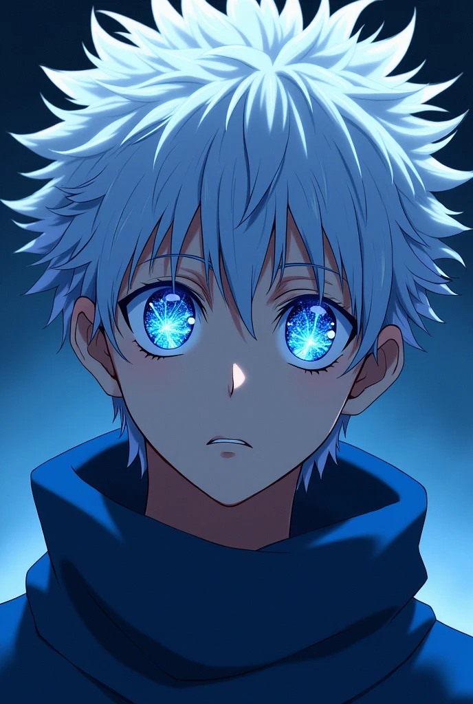 Gojo Satoru, Jiu Jitsu Kaiba, The blue galaxy in his eyes,revealing his deep blue eyes, Looking at the audience, clear back ground Japanese cartoons, Niji Midway, Japanese cartoons, illustration, clear back ground Japanese cartoons, Niji Midway, Japanese cartoons, illustration, Concept Art
