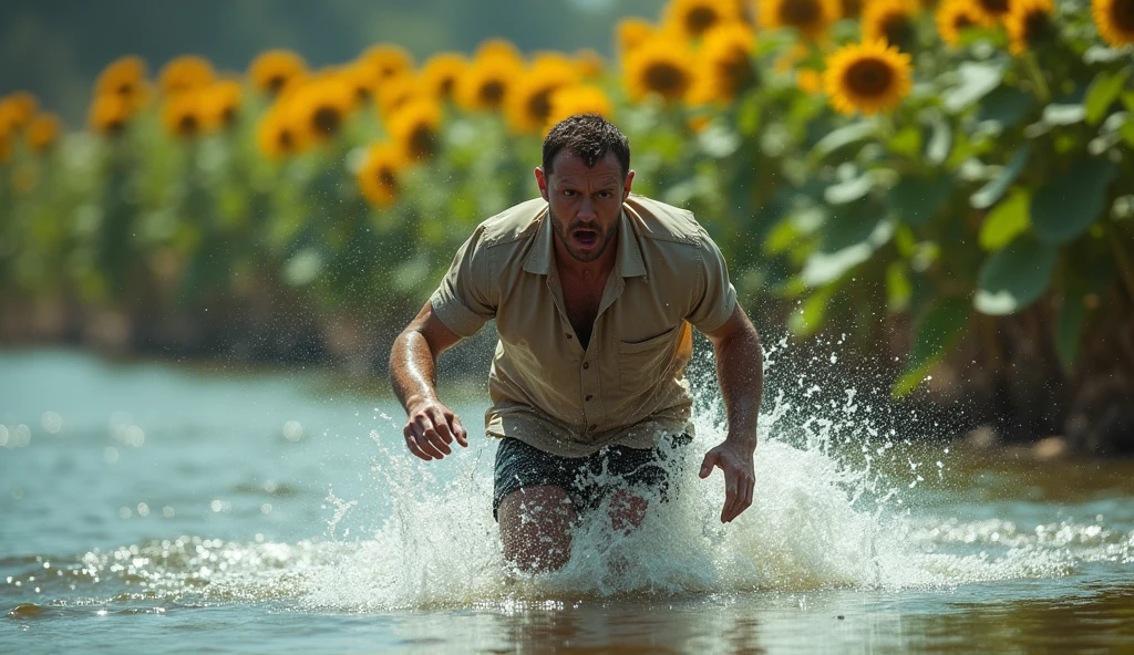 professional realism photos, the man landed in the water, chased by a sunflower plant, man running terrified, dynamic movement, man running forward, very shaky hands, 34K