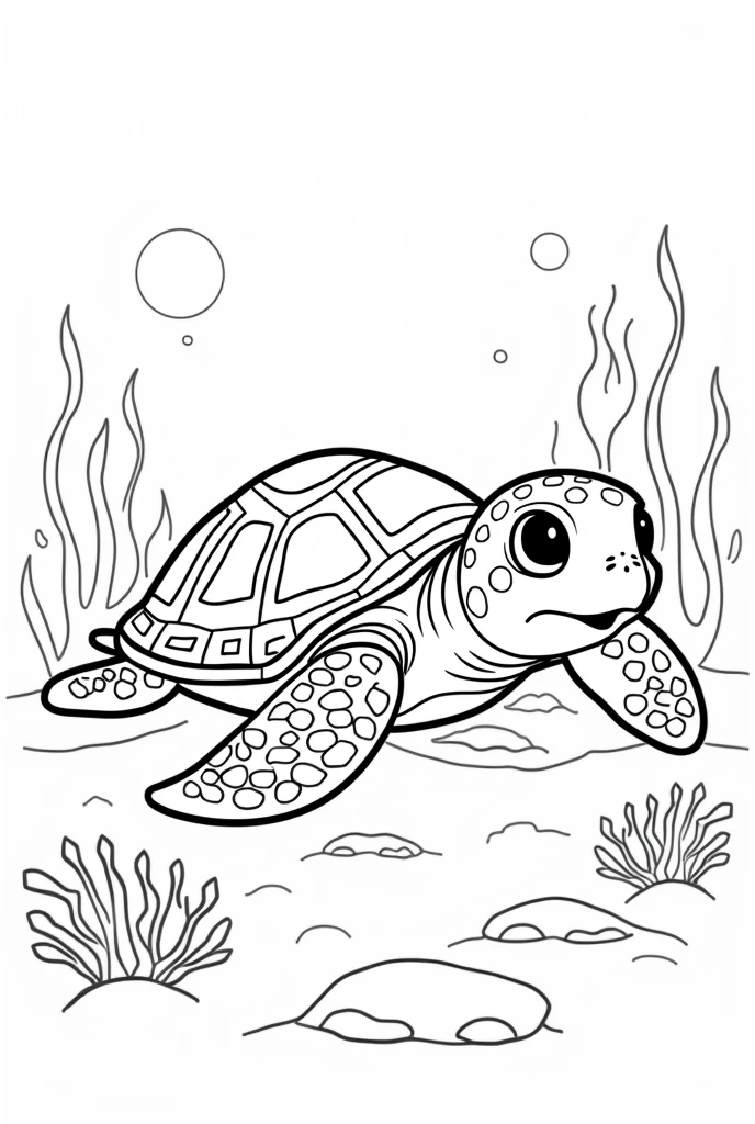 Black and White Outline Art for Kids, Sea Turtle Coloring Book Page, Coloring Page for Kids, Full White, Kids Style, White Background Full Body, (((((white background))))) , use only outline, cartoon style, line art, coloring book, clean line art, white background, seabed with torches and anemones, white background, clean line, for coloring, children's ebook
