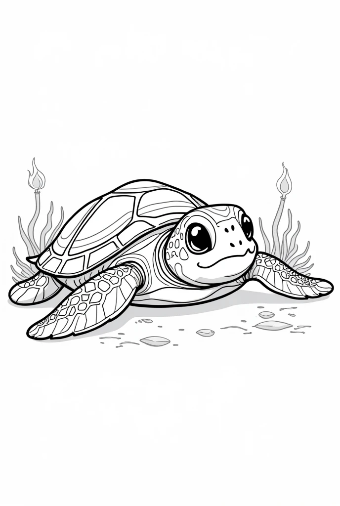 Black and White Outline Art for , Sea Turtle Coloring Book Page, Coloring Page for Kidsll White, Kids StyWhite Background Full Body, (((((white background))))) , use only outline, cartoon style, line art, coloring book, clean line art, white background, seabed with torches and anemones, white background, clean line, for coloring, children's ebook