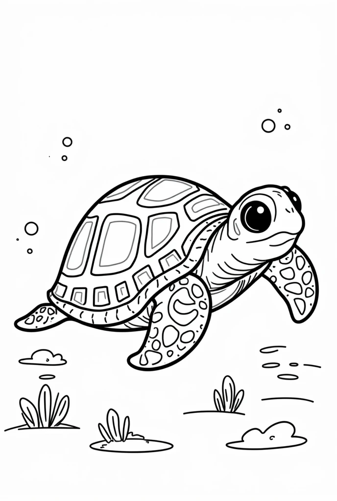 Black and White Outline Art for Kids, Sea Turtle Coloring Book Page, Coloring Page for Kids, Full White, Kids Style, White Background Full Body, (((((white background))))) , use only outline, cartoon style, line art, coloring book, clean line art, white background, seabed with torches and anemones, white background, clean line, for coloring, children's ebook
