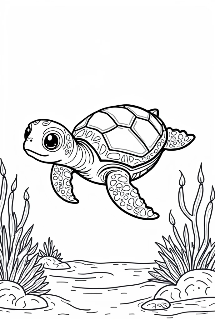 Black and White Outline Art for Kids, Sea Turtle Coloring Book Page, Coloring Page for Kids, Full White, Kids Style, White Background Full Body, (((((white background))))) , use only outline, cartoon style, line art, coloring book, clean line art, white background, seabed with torches and anemones, white background, clean line, for coloring, children's ebook