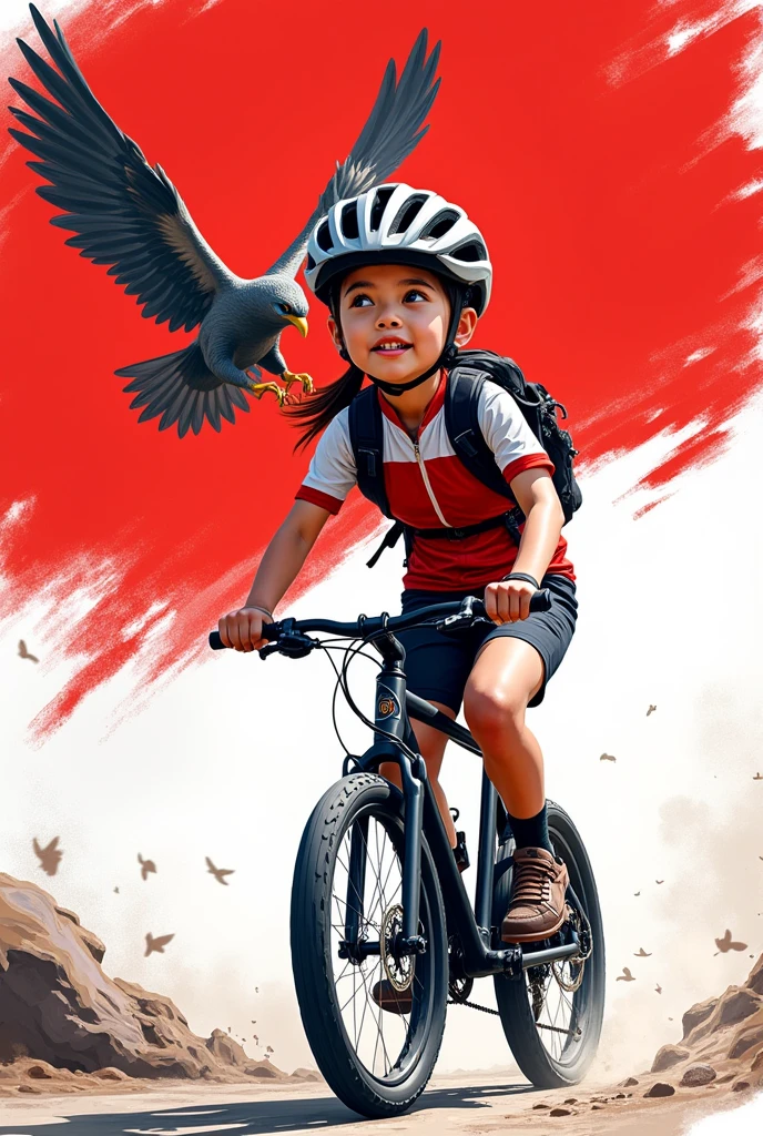 A young girl riding a push bike, wearing a trail helmet and jersey. The background features a majestic Garuda bird, the symbol of Indonesia, against a backdrop of red and white, representing the Indonesian flag. The scene combines the energy of cycling with national pride, using vibrant red and white tones to highlight the patriotic theme, sketch version