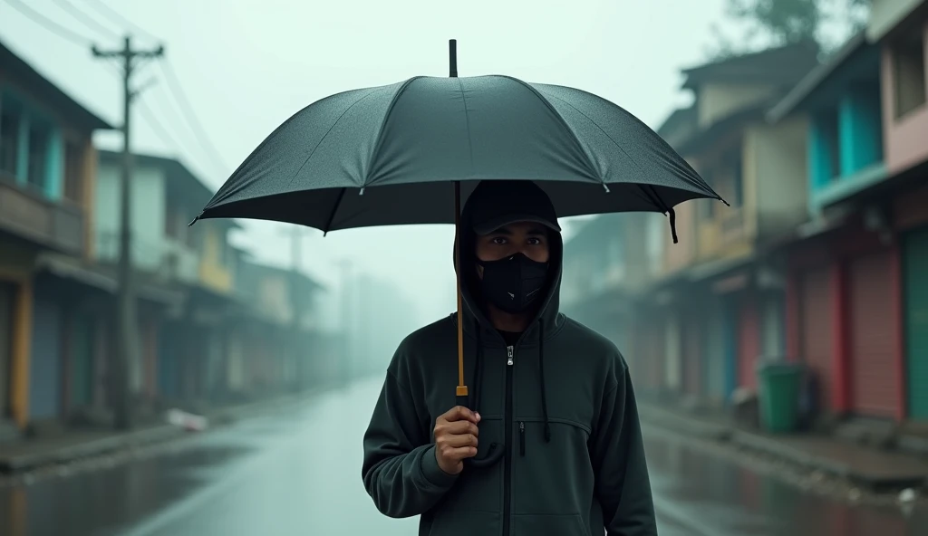 a man walking on a street in bangladesh, a street with no buildings, overcast sky, man wearing hoodie, baseball cap, mask, holding open black umbrella, detailed facial features, detailed clothing, detailed street environment, photorealistic, 8k, high quality, vivid colors, natural lighting