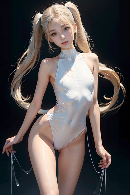 White leotard 、highleg,high cut, rhythmic gymnastics, aerobic dance,y-shaped balance, Wet, oily body, long legs,Young looking girl、Truly beautiful、Quite thin、Small breasts、nipples ,Flat chest、whole body、Slim figure、Young Face、Baby Face、Wet、 Transparent nipples、cameltoe、frontlight、Whole body photography、thin waist、thin legs、Beautiful Skin、twintail、room, smile、look up, Simple Background,