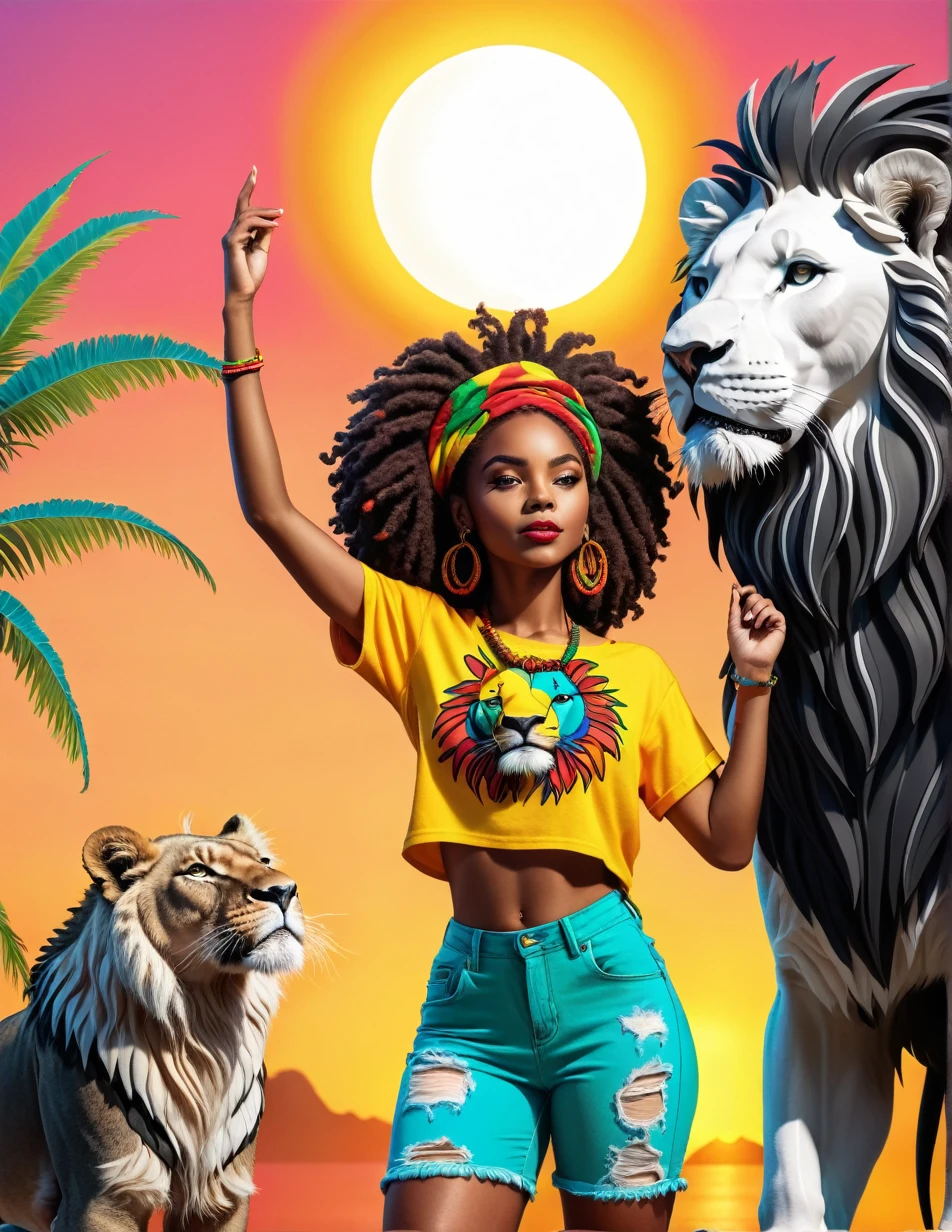 Rastafarian black girl with a lion enjoying the sunrise, colorful summer outfit stands out, Energetic and lively scene.Caribbean, coloring book, line art, black and white 