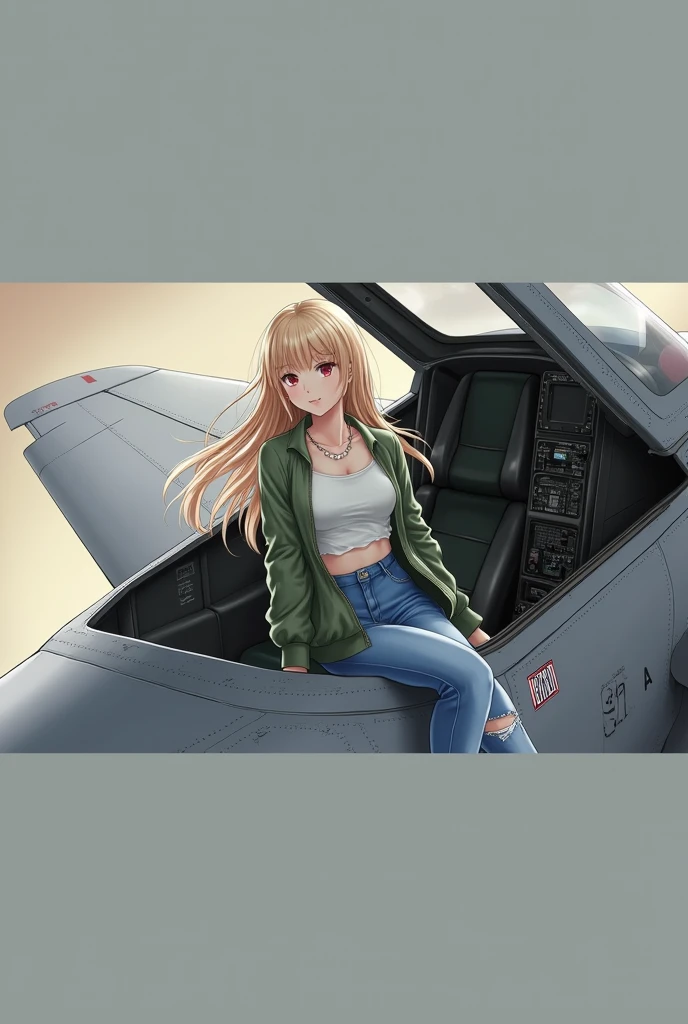 A beautiful adult  Japanese anime girl with blonde  hair and smooth  pale  skin with red eyes  she has medium sized chest and wears a white shirt with  blue ripped jeans and white  Beige sneakers and had a green bomber jacket on  with a grey  us  beside her (the inside of the jet has a dark green ejection seat with the  the l avionics  and  other buttons/switches visible in the cockpit the 