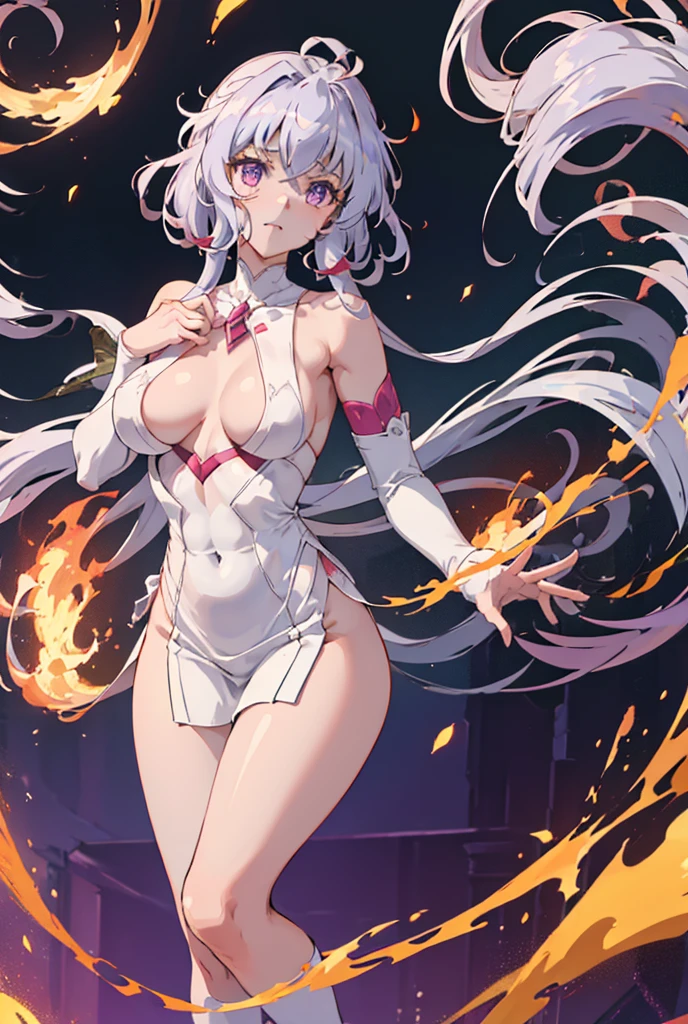 Gray (purple), Eyebrows are thin, Height is small, Big eyes, sixteen years old, Fair complexion, Large and developed chest, Glamorous, Very large chest, Young face, Legs are thin, Layered head cut, Bangs are there, Cute, Eyes are big, No cloth on the abdomen, Cartoon style, Chest is very developed, Chest is emphasized, Clothing fabric is thin, Thin abdominal muscle, Red, red, deep red, crimson are precious, Pale white, pale red, Curl inward toward the ends, Bangs are slightly long, parted on the left, Back hair, Hangs on the forehead. Curled inward toward the ends, slightly long bangs parted on the left, with back hair, hanging over the forehead, white boots, double back hair, one hundred cm chest, fifty seven cm around the waist, eighty five cm around the waist, eight k, highly saturated, abstract, bordered, hip-accentuated, , inguinal, arm-crossed, cris Yukine, SENKIZESSHOU SYMPHOGEAR.Leg spread、Groin、Hips、8k、独奏,One person, High resolution, Textured skin, Ultra high definition, Kick