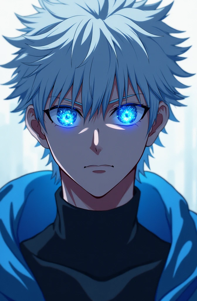 Gojo Satoru, Jiu Jitsu Kaiba, The blue galaxy in his eyes,revealing his deep blue eyes, Looking at the audience, clear back ground Japanese cartoons, Niji Midway, Japanese cartoons, illustration, clear back ground Japanese cartoons, Niji Midway, Japanese cartoons, illustration, Concept Art