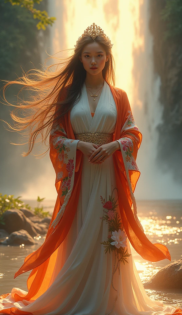 Upper body photo、The photo is bright、High resolution、Realistic、4K、smile、waterfall、lake、Beauty、The body is facing forward、looking at the camera、Hands folded in front of you、God with a golden background々It emits a bright light、
vivid、kimono、Decorations、Long Hair、Wind、Lotus flower、White Snake、Halo、Digital Art、人物にも光が当たっている
mysterious、beautiful、Realistic、vivid、Lotus flower、Long Hair、Wind、beautiful、mysterious、
