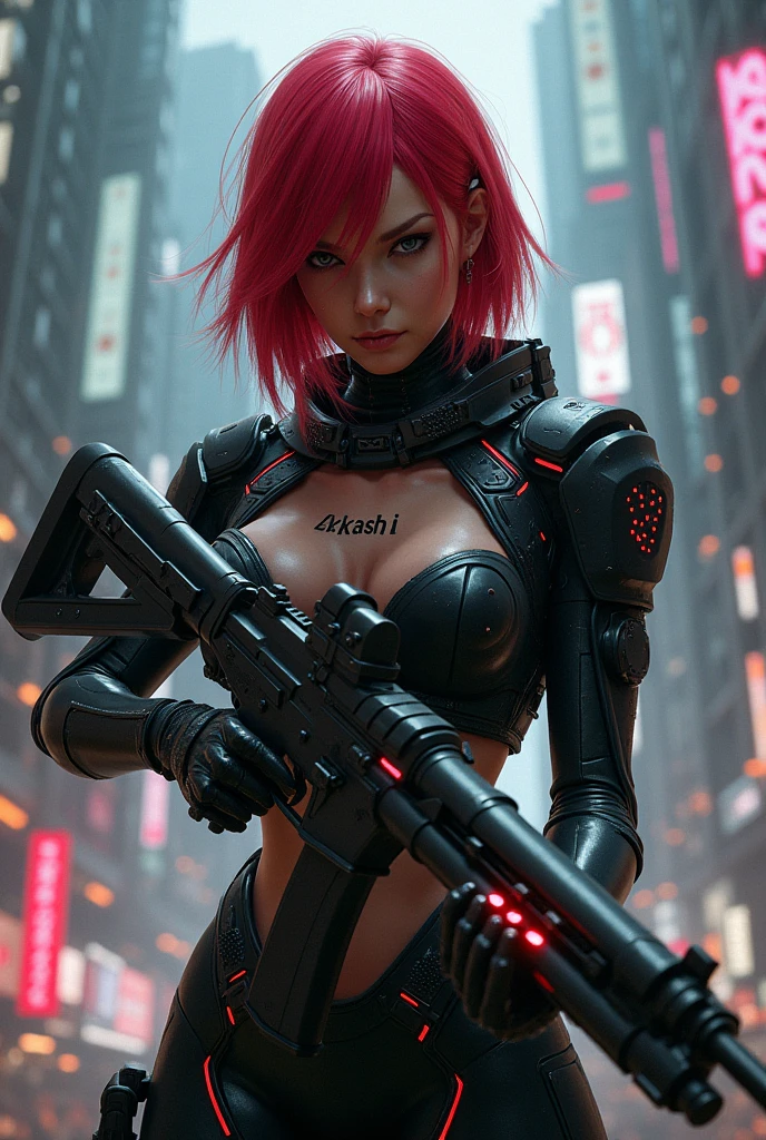 A red haired cyberpunk character with the name Akashi on his chest, holding a Rifle 