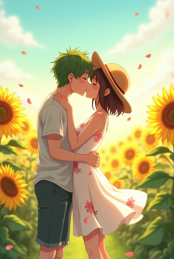 A couple that kisses anime style, the girl has short brown hair to her shoulders and wears a white dress with flowers and pink petals and a hat while she is hugged by the boy who gives her the kiss reciprocating and the man with short green hair in comfortable clothes and the field is full of sunflowers.