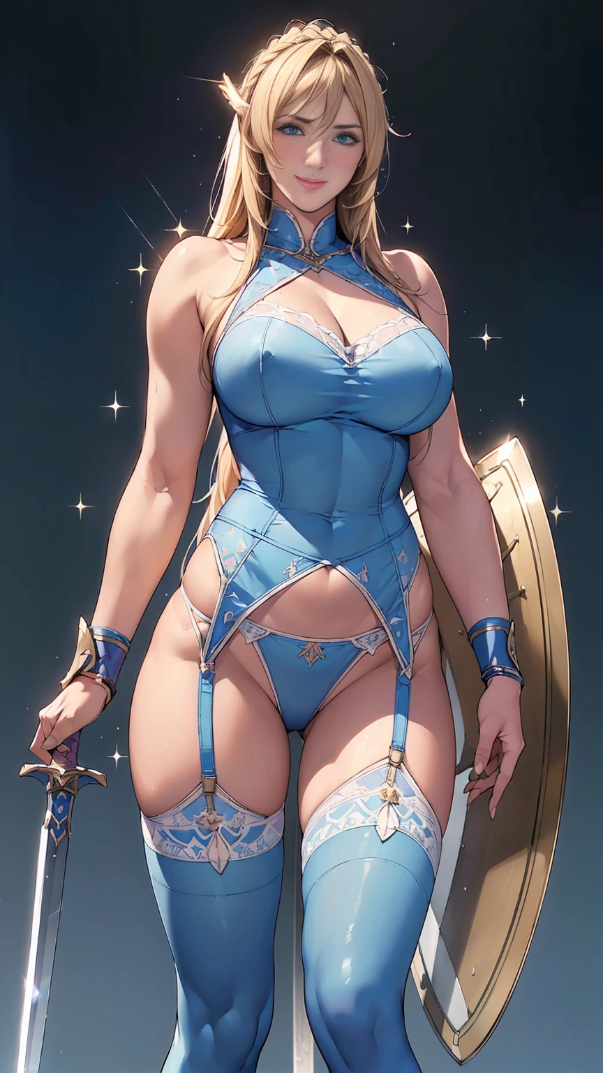 Browsing Caution,Sensual, Long blonde hair, Thick thighs, 8k, 4K, Highest quality, (High resolution:1.6), Cute anime face, Noise Reduction, (Sparkling Blue Eyes, A kind smile:1.3, Kind eyes:1.3)、Toned Abs, Muscular arms, Muscular legs, Young Face, Anime Eyes, Sophitia Alexandra、(Sword in right hand:1.5)、(Equipped with a shield on the left arm:1.5)、(SFW Giant:1.9)、(Beautiful Nose:1.5)、Long tights、Knee-high boots、(garter belt:1.5)、Beautiful Hands、Beautiful fingers、(High cut thong:1.5),listen don't,