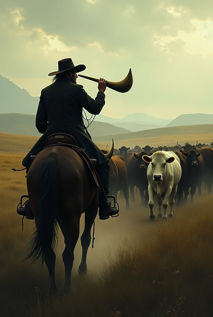 Sounding a crooked and sonorous horn,
A cowboy passes by, Now in full light the cows and a white bull come,
with some golden spots on the belly and forehead.