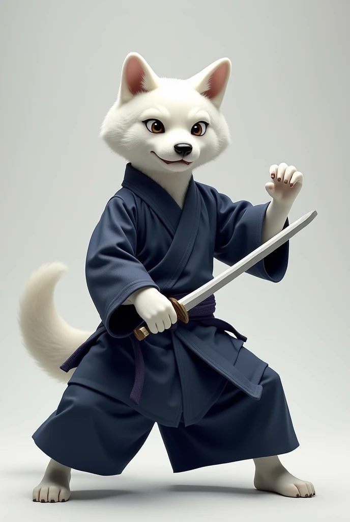 A white Kishu. Wearing a Musashi Zashi Navy Kendo Gi. Doing a martial arts pose.