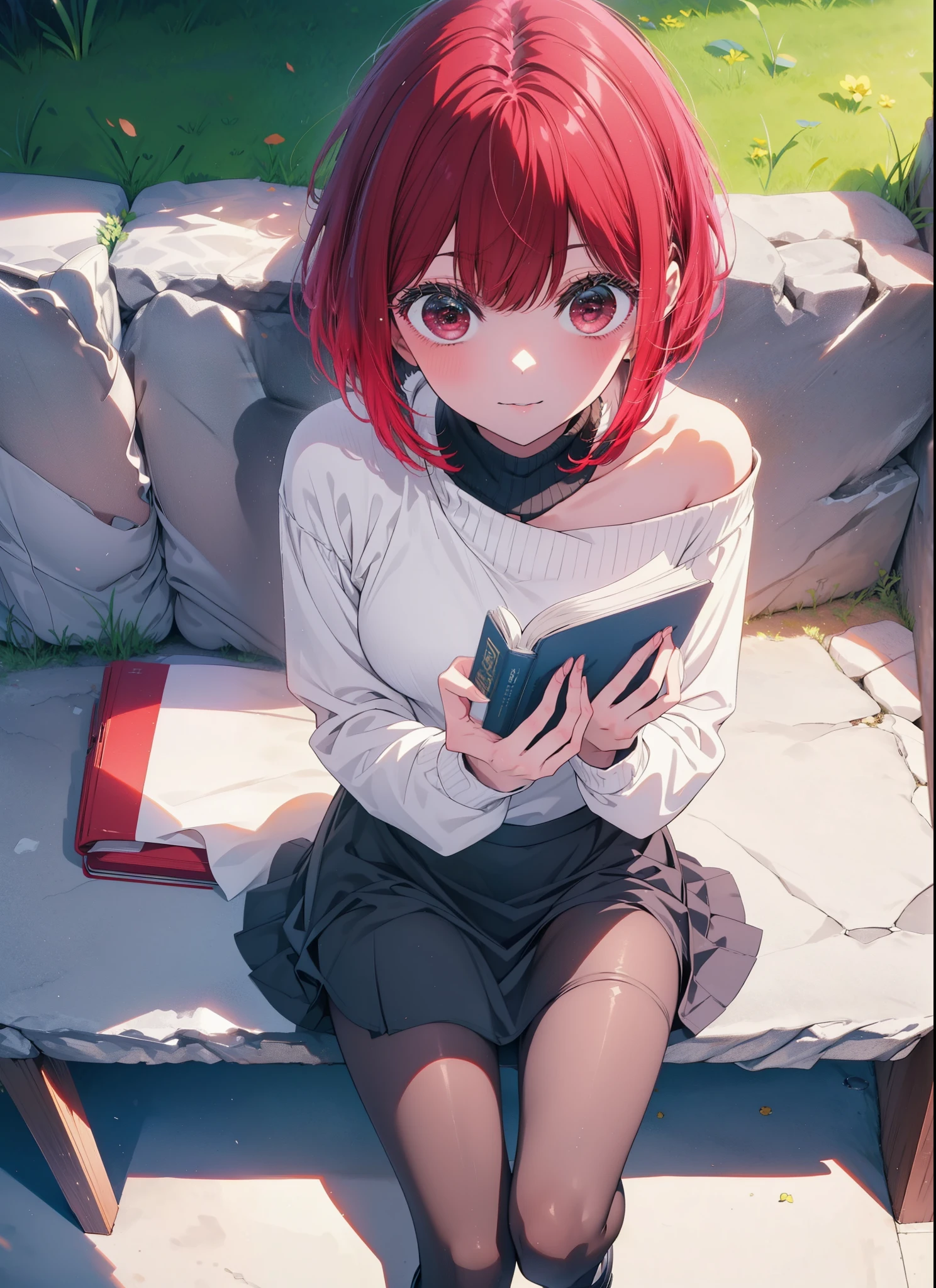 canary, Arima etc., short hair, bangs, (Red eyes:1.3), Redhead, Bobcut, smile,Open your mouth,One-shoulder sweater,mini skirt,Black pantyhose,short boots,Glasses,Sitting on a bench,Reading a book,Daytime,Clear skies,whole bodyがイラストに入るように,
break outdoors,School　courtyard,
break looking at viewer, whole body,
break (masterpiece:1.2), Highest quality, High resolution, unity 8k wallpaper, (figure:0.8), (Beautiful attention to detail:1.6), Highly detailed face, Perfect lighting, Highly detailed CG, (Perfect hands, Perfect Anatomy),