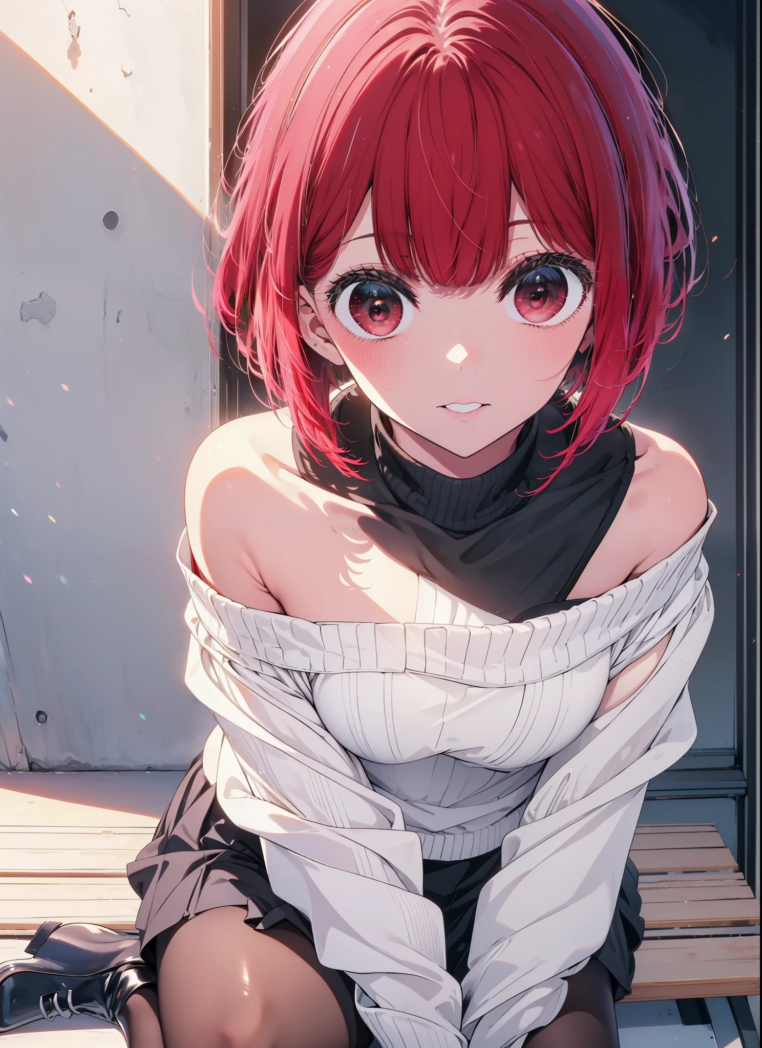 canary, Arima etc., short hair, bangs, (Red eyes:1.3), Redhead, Bobcut, smile,Open your mouth,One-shoulder sweater,mini skirt,Black pantyhose,short boots,Glasses,Sitting on a bench,Reading a book,Daytime,Clear skies,whole bodyがイラストに入るように,
break outdoors,School courtyard,
break looking at viewer, whole body,
break (masterpiece:1.2), Highest quality, High resolution, unity 8k wallpaper, (figure:0.8), (Beautiful attention to detail:1.6), Highly detailed face, Perfect lighting, Highly detailed CG, (Perfect hands, Perfect Anatomy),