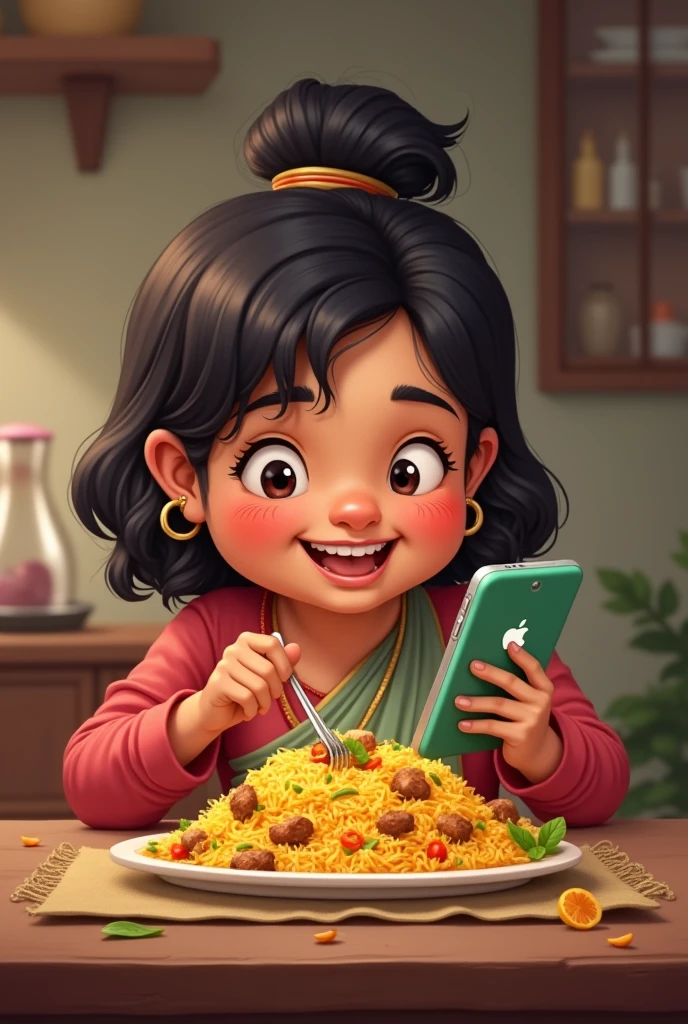 A funny fat girl eating biryani From mobile phone