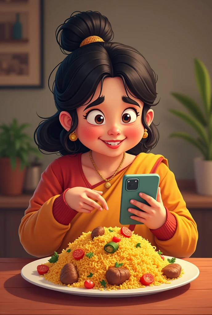 A funny fat girl eating biryani From mobile phone