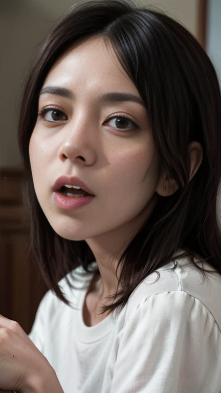 realistic, photo-realistic, best quality, masterpiece, high resolution,  intricate details, extremely detailed, solo, a Japanese mature, cum on tongue, shirt, skirt, detailed face, detailed dark eyes, sophisticated nose, pale skin, sweaty, shiny skin, photo background, indoors, home, 